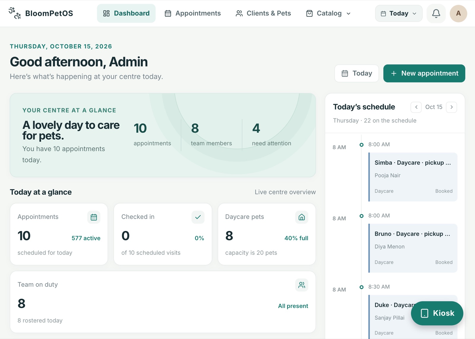 BloomPetOS Centre admin dashboard